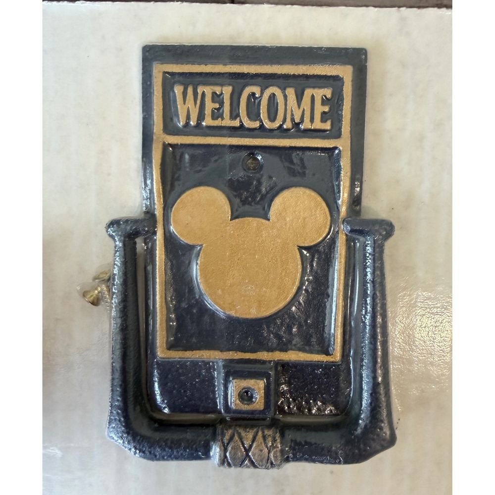 VTG Mickey Mouse Door Knocker Welcome Cast Iron Gold Black Home Decor Disney